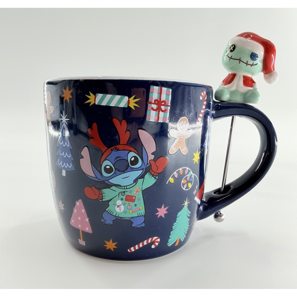 Disney Stitch Christmas Coffee Mug 16 oz Santa Hat Scrump Spoon Stirrer Holiday